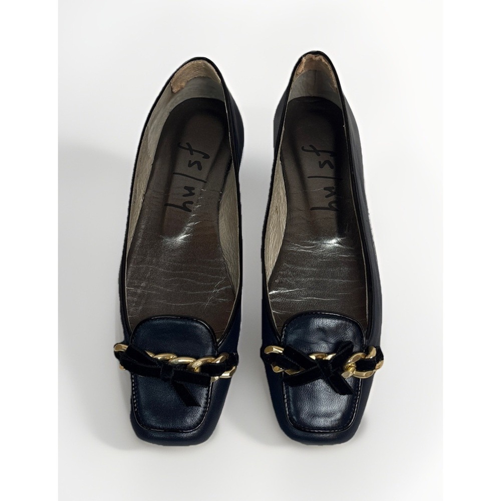 French Sole Gleam Navy Blue Nappa Leather Square Toe Chain Bow Women's Size 5M - Picture 2 of 10